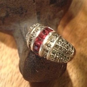 Sterling Silver Garnet Marcasite Ring